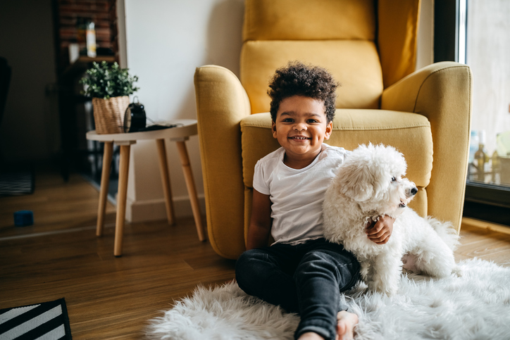 Boy playing with dog in living room, embracing him.